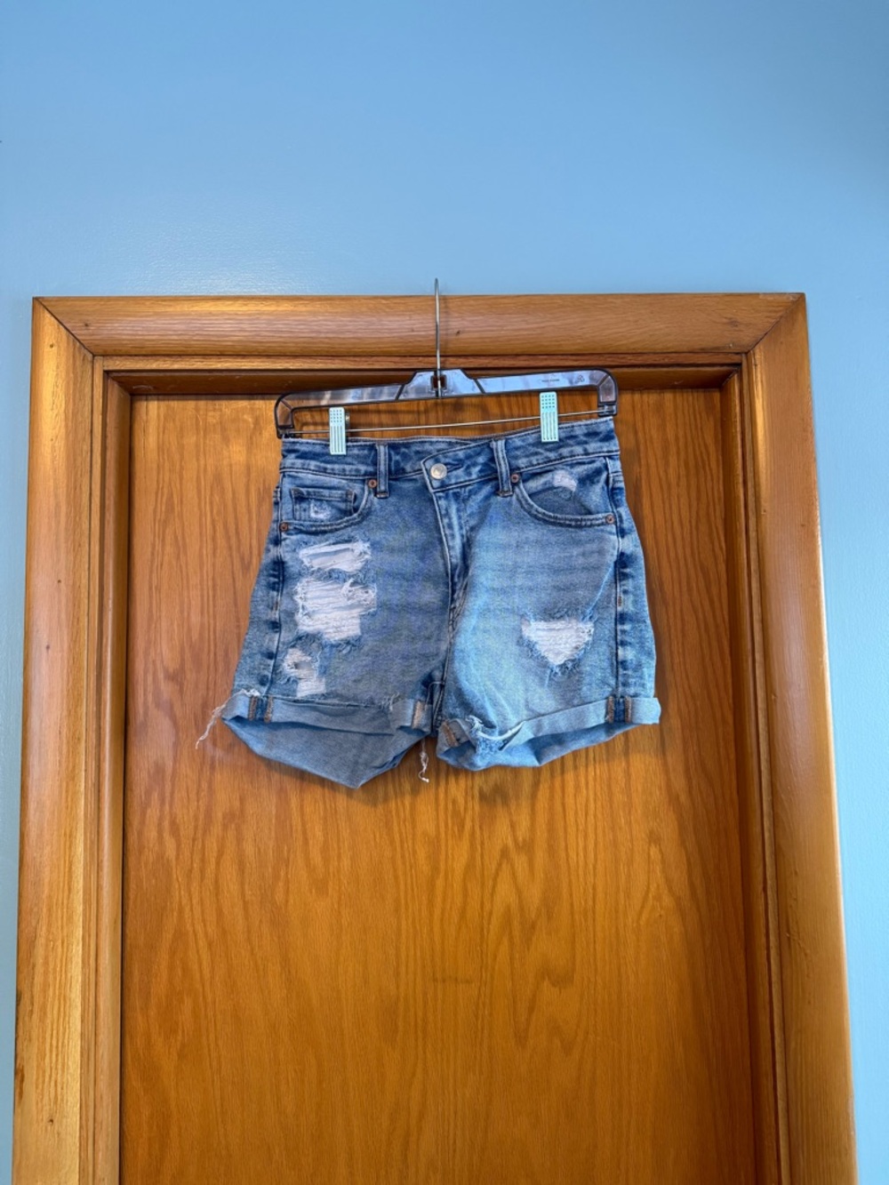 American Eagle Outfitters Distressed Rolled Hem Jean Shorts - Light Blue